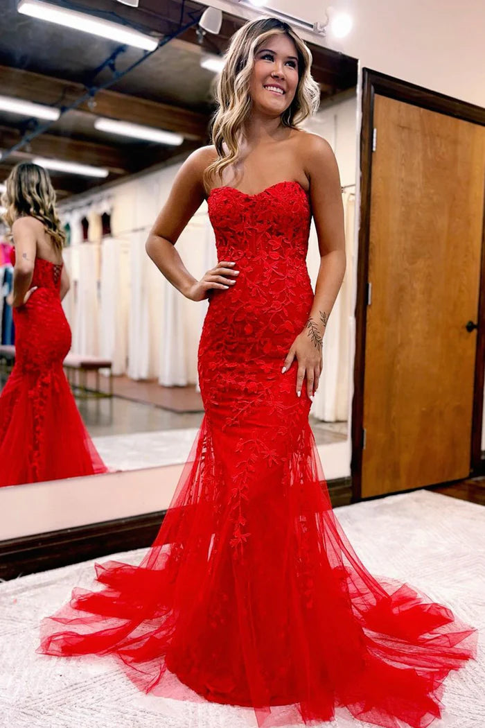 Red Strapless Lace Long Unique Design Full Of Charm Party Dresses